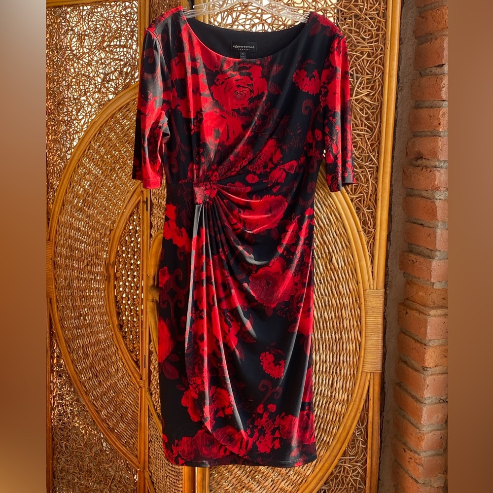 Connected Apparel Red and Black Floral Midi Dress - Picture 4 of 7